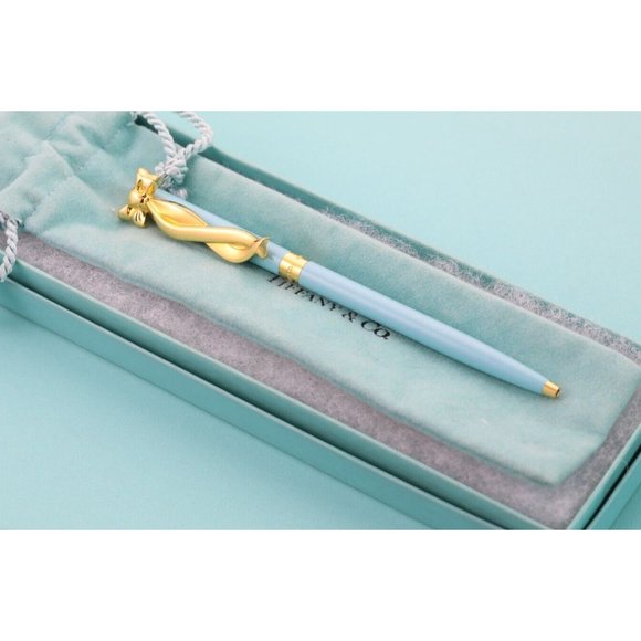 Tiffany & Co. Blue with Gold Ribbon Clip Ballpoint Pen Pouch and Box included - Picture 3 of 6